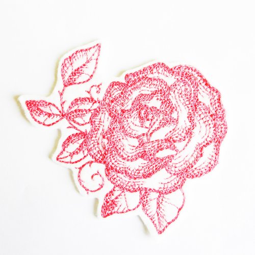 Rose peinte bordée machine, flower, ecusson, patch, broderie