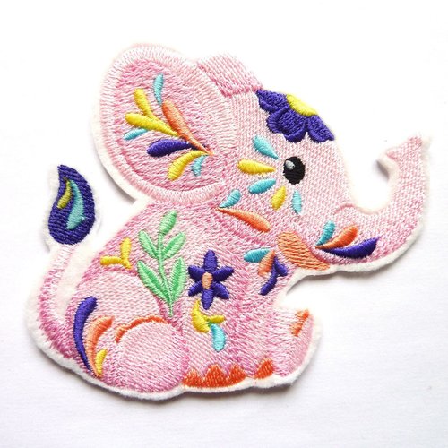 Eléphant rose assis thermocollant, embroidery patch, éléphant rose