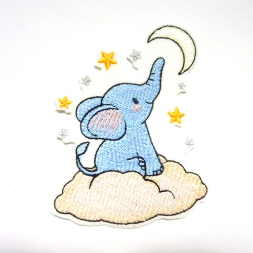 Eléphant assissur un nuage thermocollant, embroidery patch, éléphant