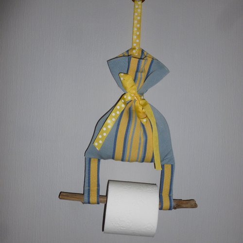 Dérouleur papier wc avec pochon de lavande(tissu imprimé  rayures jaunes)