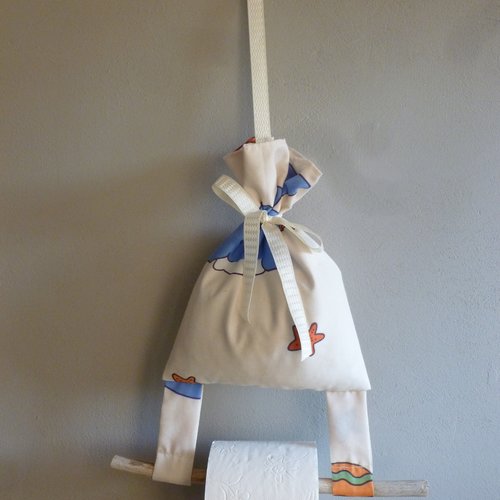 Dérouleur papier wc avec pochon de lavande(tissu imprimé  de poissons et d'étoiles de mer)