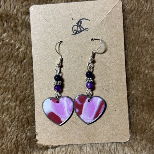 Boucles d’oreilles pâte polymère cœur & perles