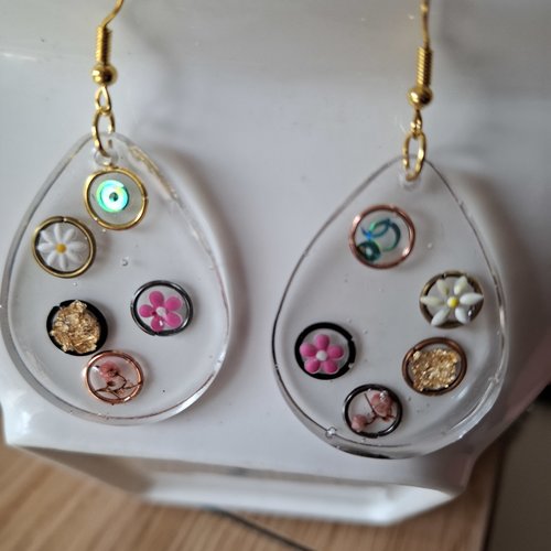 Boucles d’oreilles goutte fleurs colorées – résine transparente fait main élégante