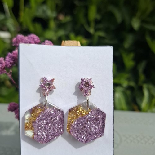 Étoile d’améthyste – boucles d’oreilles scintillantes lilas & or