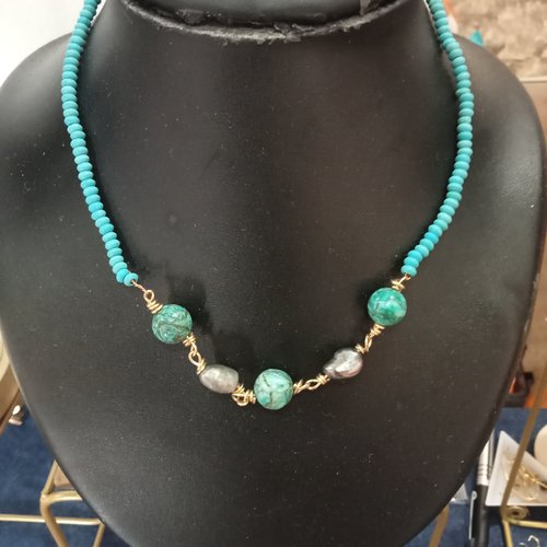 Collier perles d'eau douce noires et turquoises