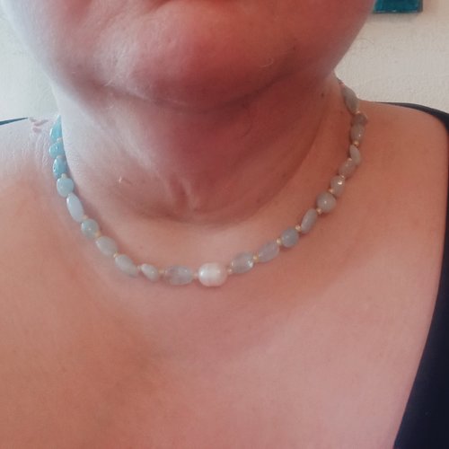 Collier aigues marine et perle d eau douce