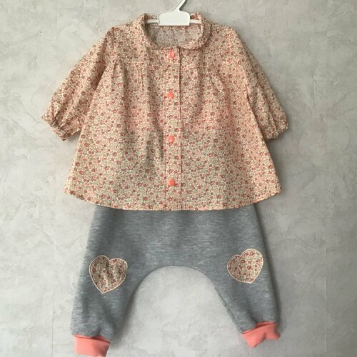 Ensemble complet fille automne hiver, pantalon sarouel  évolutif et blouse du 0 au 3 ans