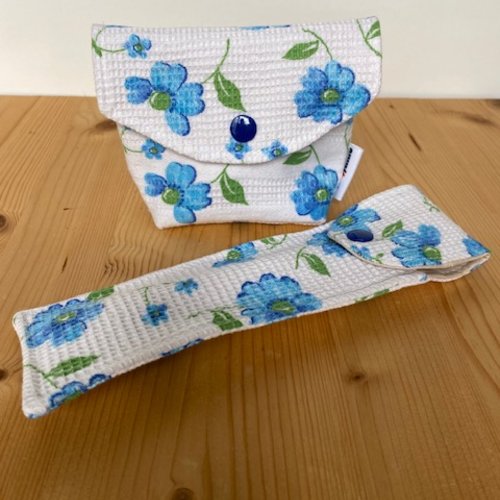 Etui brosse à dents et pochette à savon, shampoing solide vintage bleu
