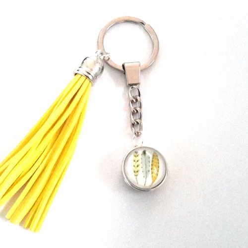 Porte clé / bijou de sac a bouton pression snap 18mm abstrait à feuille/plume jaune/vert et pompon jaune