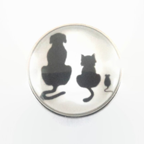 Bouton pression snap à cabochon 18mm silhouettes chien, chat et souris en noir et blanc
