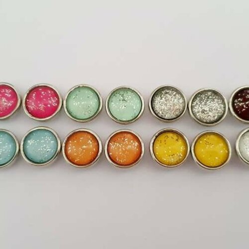 Paire de  boutons pression snap au choix de  différentes couleurs à paillettes à cabochon de verre 12mm mini