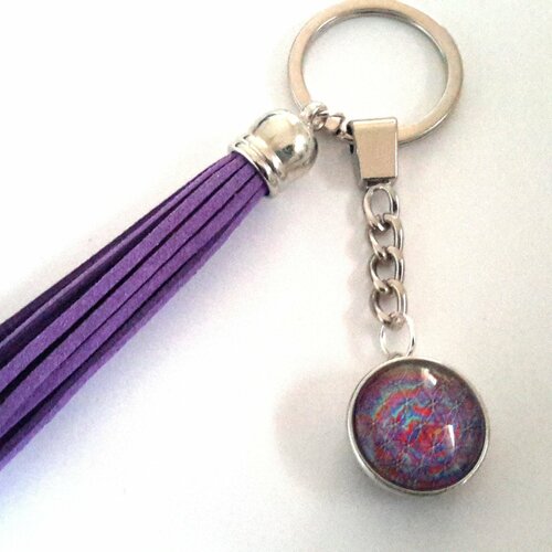 Porte clé bijou de sac snap à bouton pression 18mm et son bouton pression abstrait et son pompom violet