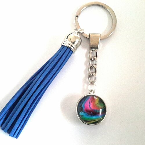 Porte clé ou bijou de sac snap  à boutons pression  18m et son bouton pression abstrait et son pompom bleu en suédine