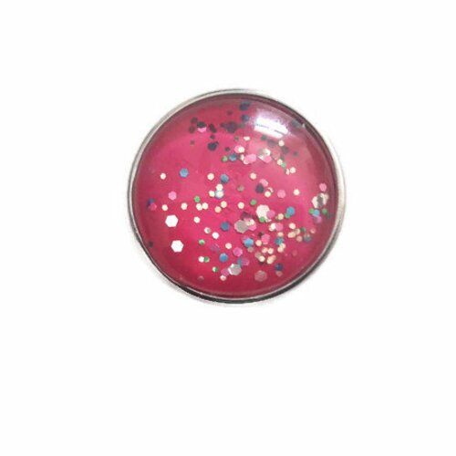 Bouton pression à cabochon de verre  rose à paillettes multicolores 