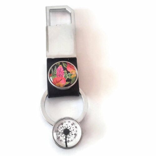 Porte clé à  bouton pression en cuir noir avec 2 boutons pression fleurs exotiques et pissenlit
