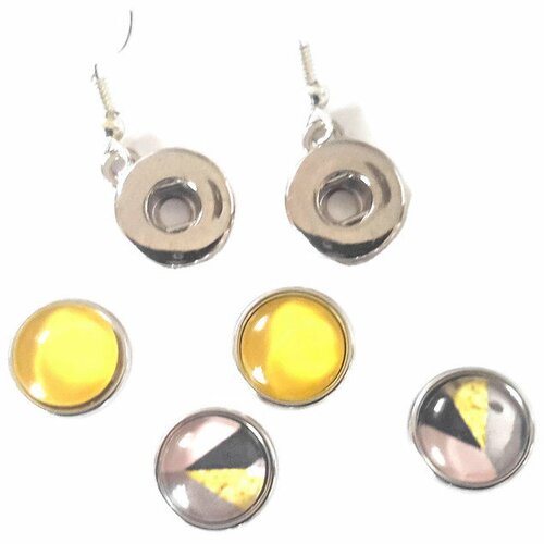 Boucles d'oreilles à boutons pression snap 12mm et ses 2 paires de boutons pression  jaune et abstrait