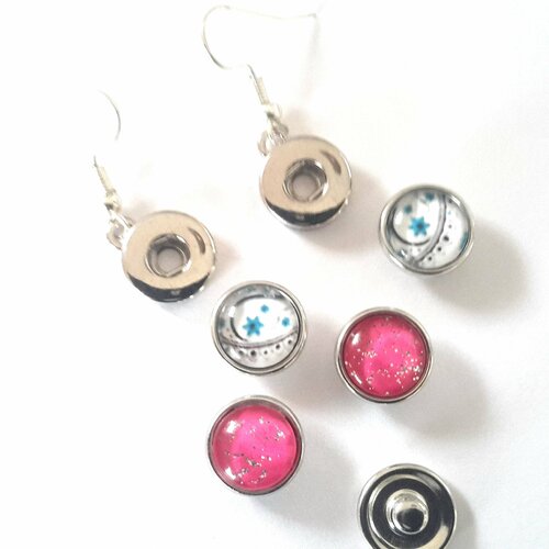 Boucles d'oreilles à boutons pression snap mini 12mm et 2 paires de boutons pression  de type floral blanc et bleu et rose à paillettes