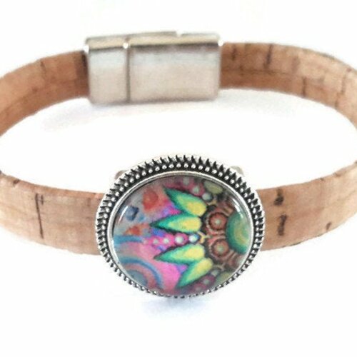 Bracelet en liège argenté à cabochon de verre à motif floral abstrait multicolore
