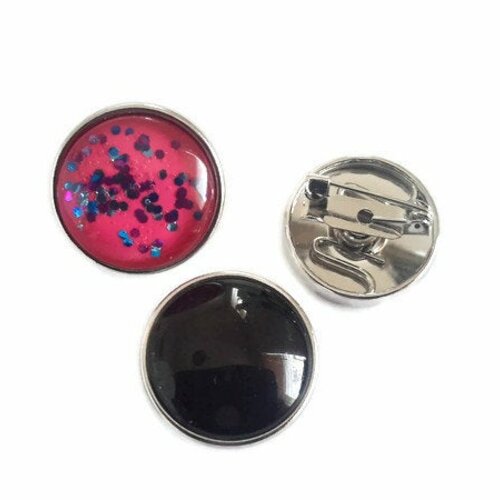 Broche/pin’s à bouton pression 18mm avec 2 boutons pression : rose à paillettes et noire