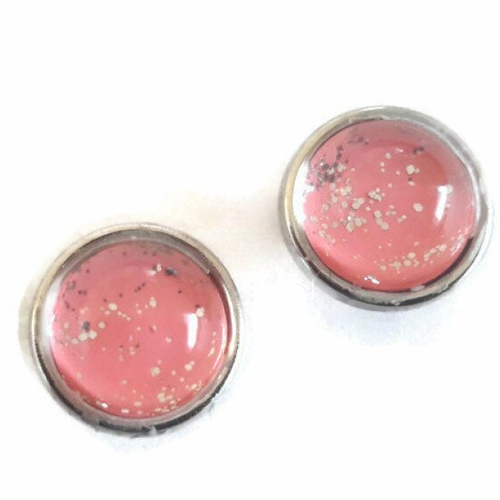 Paire de boutons pression 12mm mini rose corail à paillettes argentées