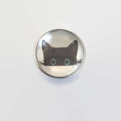 Bouton pression à cabochon de  verre 18mm chat noir aux yeux bleus