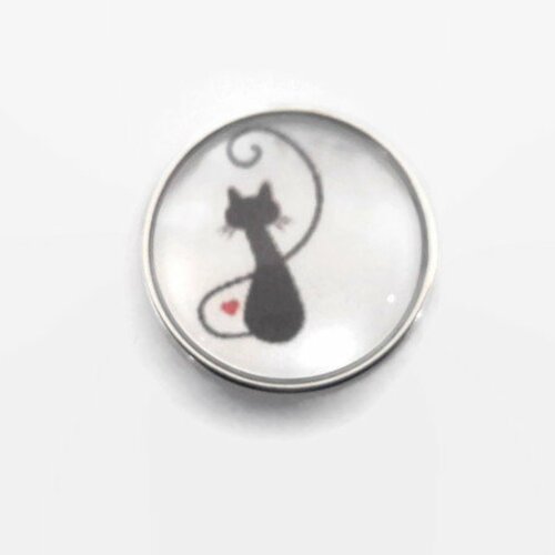Bouton pression à cabochon de  verre 18mm chat noir et son petit coeur rouge