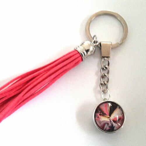Porte clé ou bijou de sac snap  à bouton pression 18mm abstrait et pompom suédine rouge