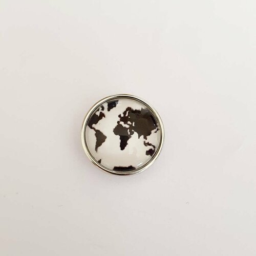 Snap bouton pression à cabochon de verre 18mm continent du monde en noir sur fond blanc