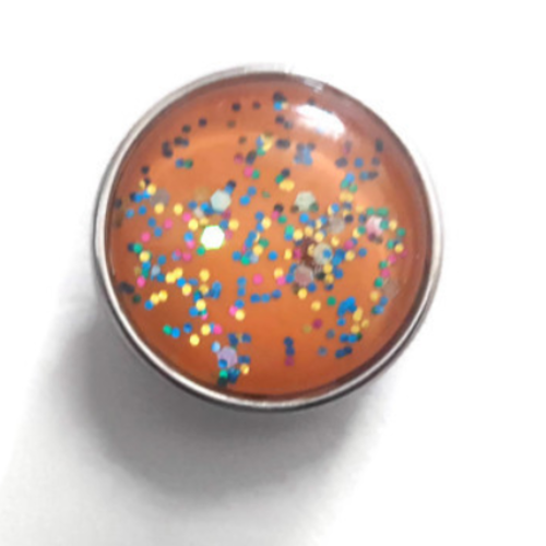 Bouton pression snap à cabochon de verre orange de 18mm à paillettes multicolores
