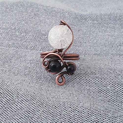 Bague en cuivre/nacre rose/verre noir