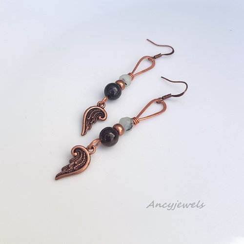 Boucles d'oreille en cuivre avec rhodonite et jasper