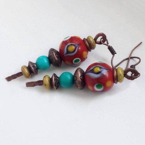 Boucles d'oreilles rustiques perle de venise et cuivre