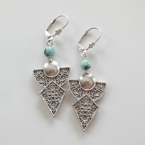 Boucles d'oreilles en métal argenté et perles de jaspe, idée cadeau fête de mères