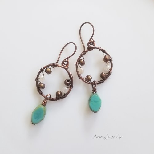 Boucles d'oreilles créoles bohème cuivre et perles de verre turquoise