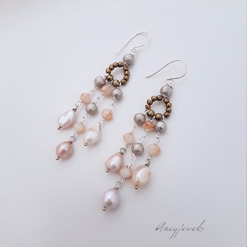 Boucles d'oreilles longues pendantes perles d'eau douce, boucles d'oreilles brillantes