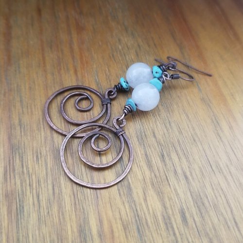 Boucles d'oreilles en cuivre vieilli, boucles d'oreilles quartz rose et turquoise