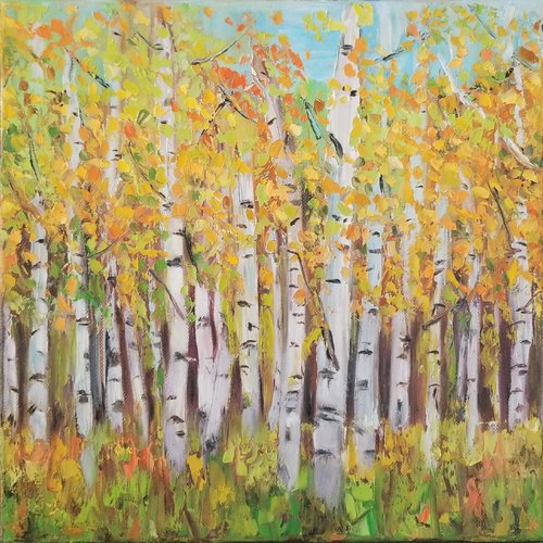Arbres de bouleaux originaux, peinture à l'huile paysage forestier
