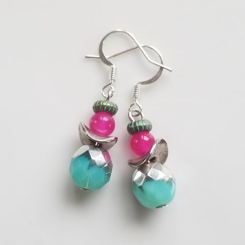 Boucles d'oreilles bohème jade rose et verre