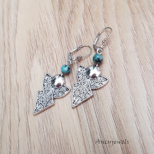 Boucles d'oreilles en métal argenté et perles de jaspe, idée cadeau fête de mères