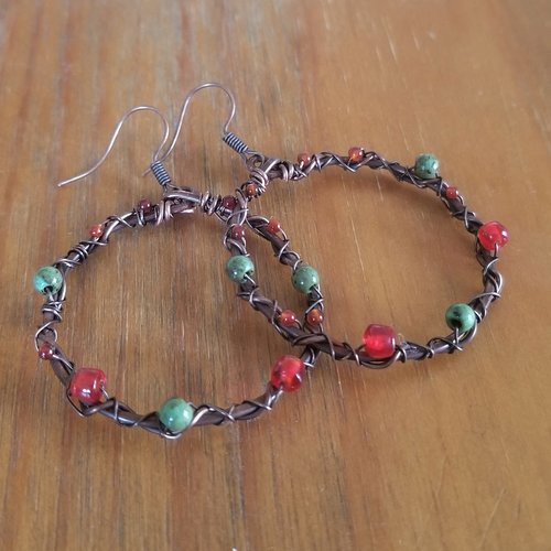 Créoles en cuivre, créoles rouge et bleu gypsy boho