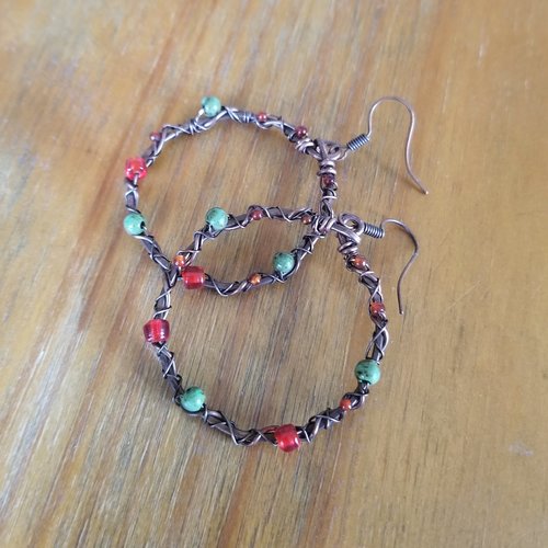 Créoles en cuivre, créoles rouge et bleu gypsy boho