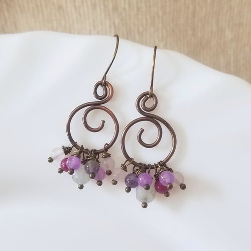 Boucles d'oreilles créoles en cuivre et perles de jade, boucles d'oreilles boho romantiques