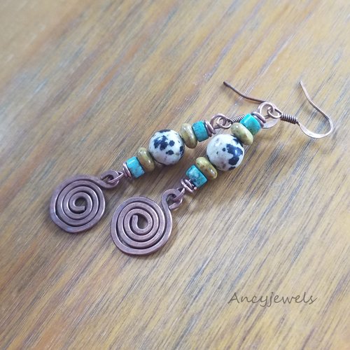 Boucles d'oreille en cuivre et pierres naturelles, boucles d'oreilles bohème colorées