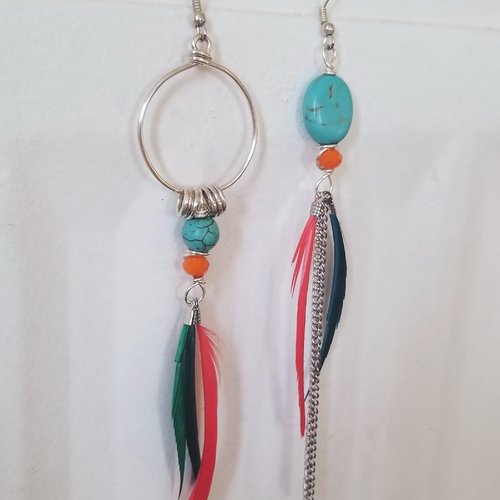 Boucles d'oreilles colorées assymétriques, boucles d'oreilles longues bohème avec turquoise