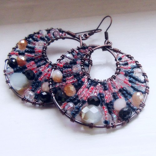 Boucles d'oreilles créoles perles de verre et cuivre