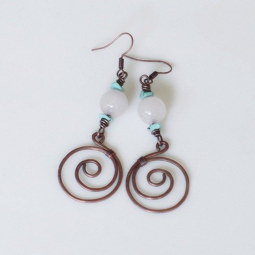 Boucles d'oreilles cuivre, quartz rose et turquoise