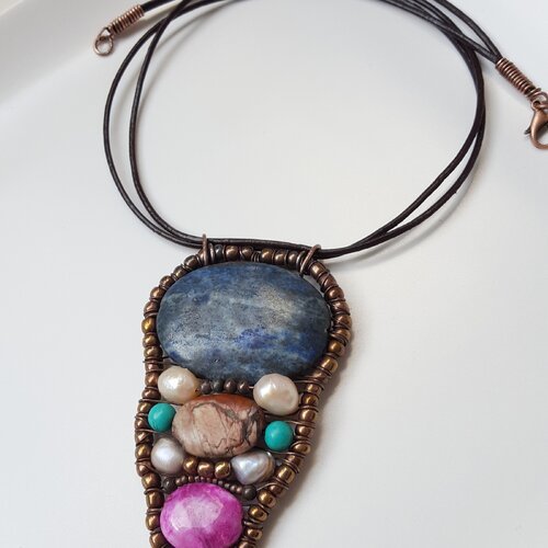Pendentif lapis lazuli et jaspe, pendentif perles d'eau douce, bijoux boho