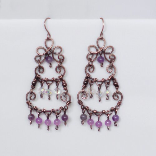 Boucles d'oreille bohème, boucles d'oreilles cuivre et jade rose