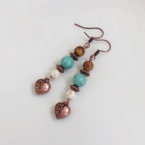 Boucles d'oreilles howlite et coeur cuivre