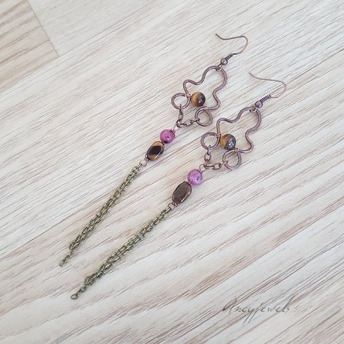 Longues boucles d'oreille en cuivre et oeil de tigre